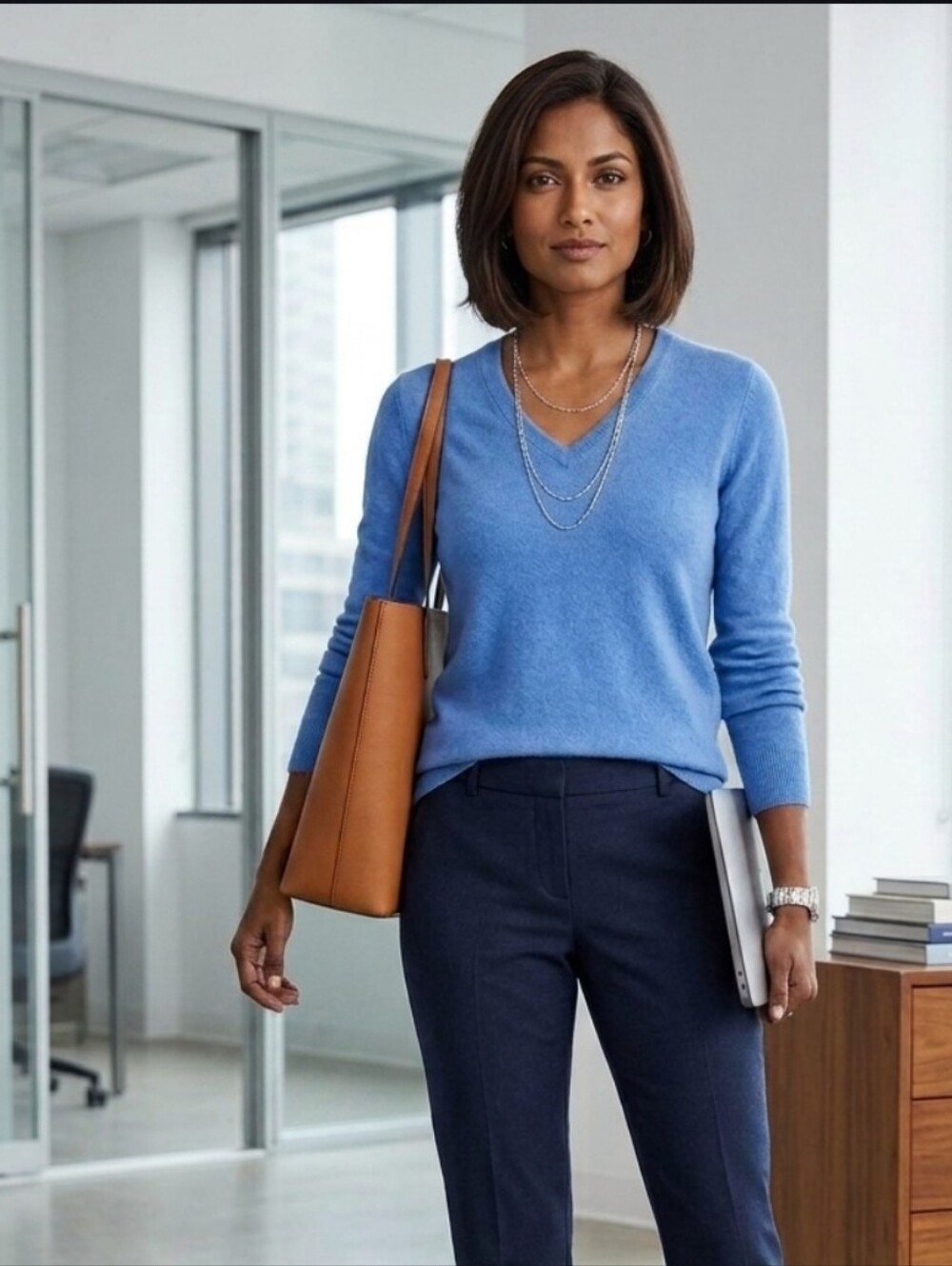 Adrienne Vittadini Blue Cashmere Office Coastal Grandma V-neck Sweater Size L